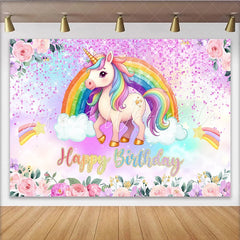 Lofaris Magical Unicorn Rainbow Backdrop Floral and Pink Glitter Photography Background for Happy Birthday Party