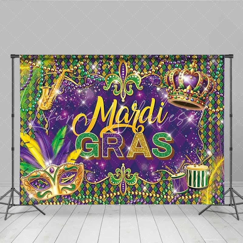 Lofaris Mardi Gras Backdrop Purple Green Gold Mask Beads Crown Photography Background New Orleans Carnival Party Decoration Prop