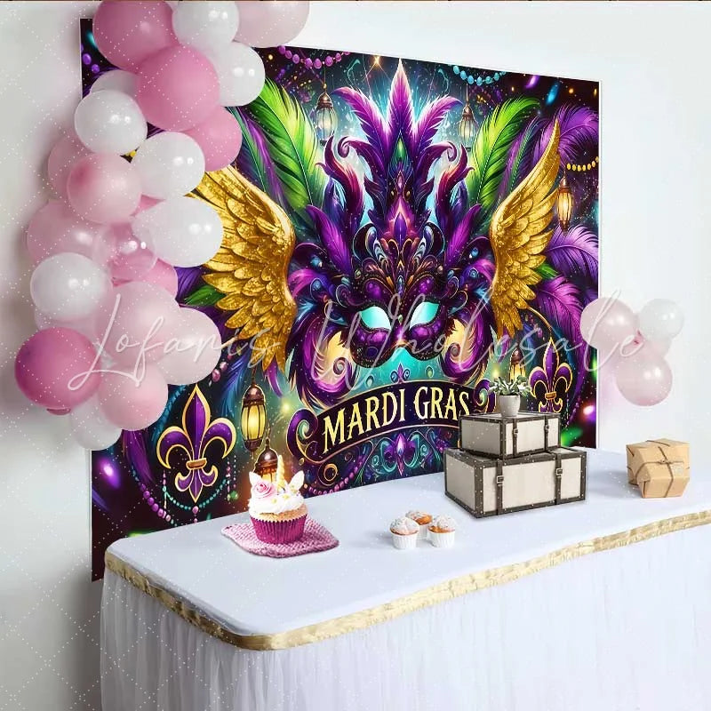 Lofaris Mardi Gras Carnival Mask Backdrop Golden Wings and Purple Feathers Party Banner