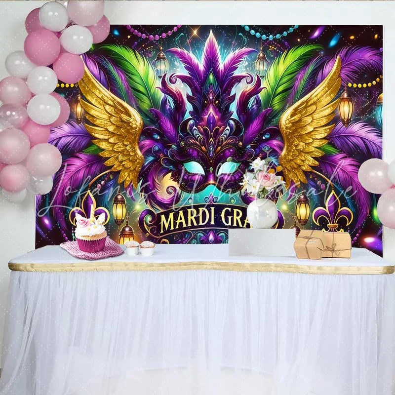 Lofaris Mardi Gras Carnival Mask Backdrop Golden Wings and Purple Feathers Party Banner