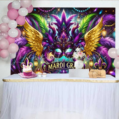 Lofaris Mardi Gras Carnival Mask Backdrop Golden Wings and Purple Feathers Party Banner