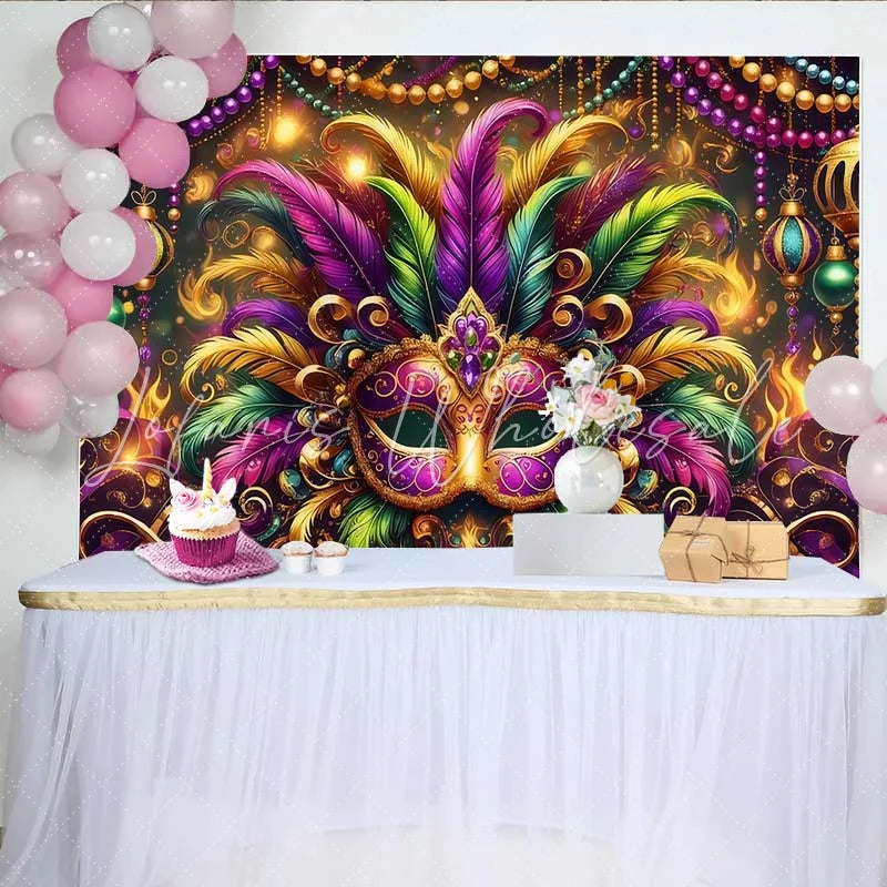 Lofaris Mardi Gras Grand Gala Backdrop Multi-Color Feather Mask and Golden Beads Banner