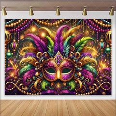 Lofaris Mardi Gras Grand Gala Backdrop Multi-Color Feather Mask and Golden Beads Banner