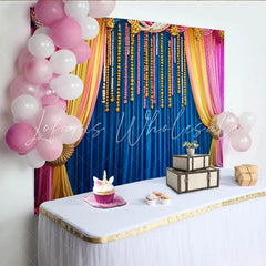 Lofaris Marigold Floral Stage Backdrop Blue Curtains and Vibrant Hanging Flower Strings Event Banner