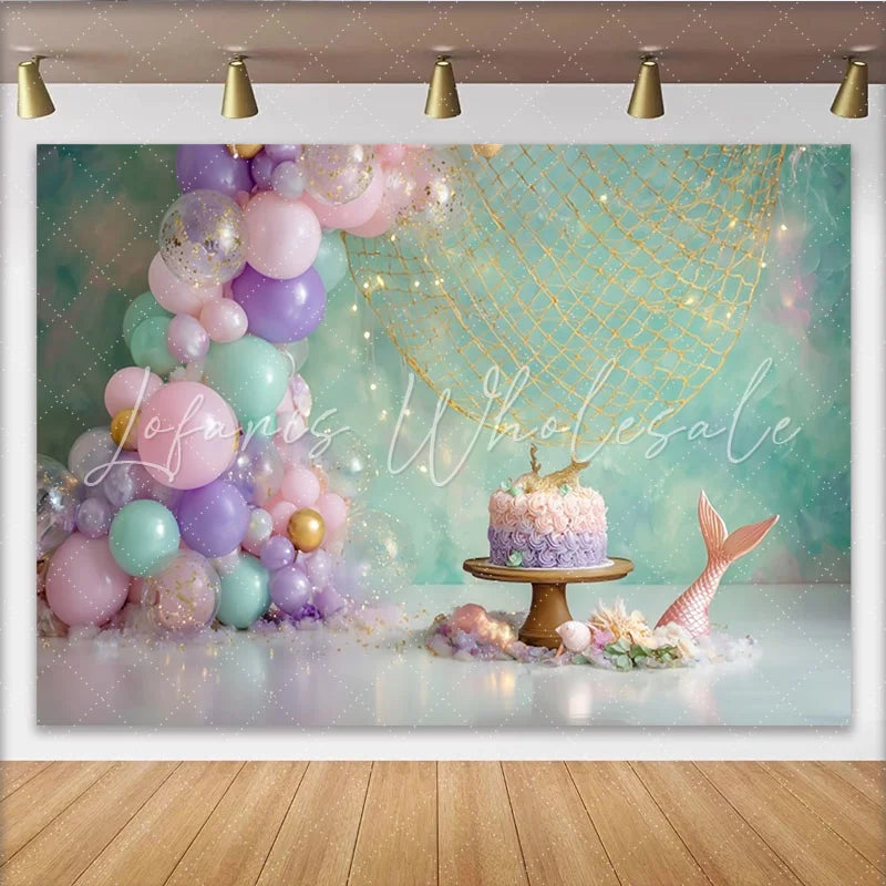 Lofaris Mermaid Birthday Backdrop with Pastel Balloons and Fishing Net Magical Party Decor for Girl Cake Smash Photoshoot
