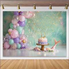 Lofaris Mermaid Birthday Backdrop with Pastel Balloons and Fishing Net Magical Party Decor for Girl Cake Smash Photoshoot