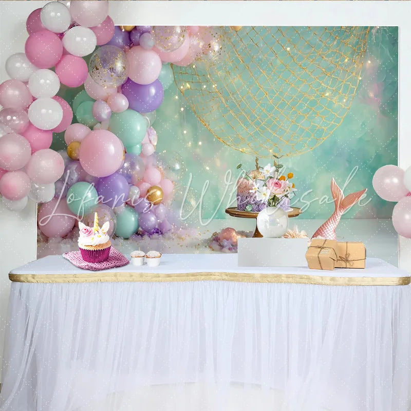 Lofaris Mermaid Birthday Backdrop with Pastel Balloons and Fishing Net Magical Party Decor for Girl Cake Smash Photoshoot