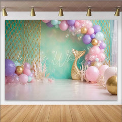 Lofaris Mermaid Birthday Backdrop with Pastel Balloons and Gold Tail Magical Underwater Party Decor for Girl Photoshoot