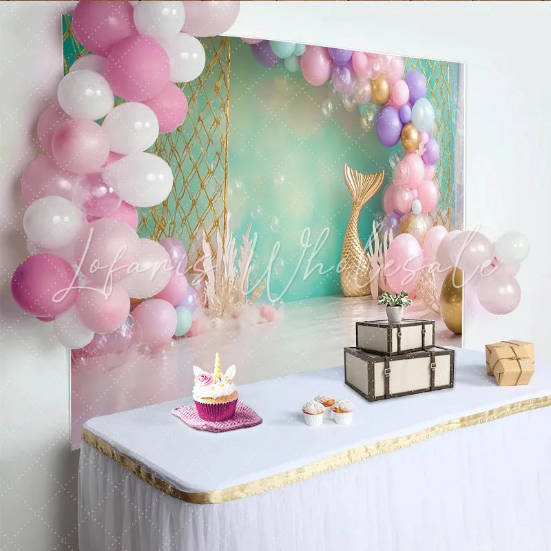 Lofaris Mermaid Birthday Backdrop with Pastel Balloons and Gold Tail Magical Underwater Party Decor for Girl Photoshoot