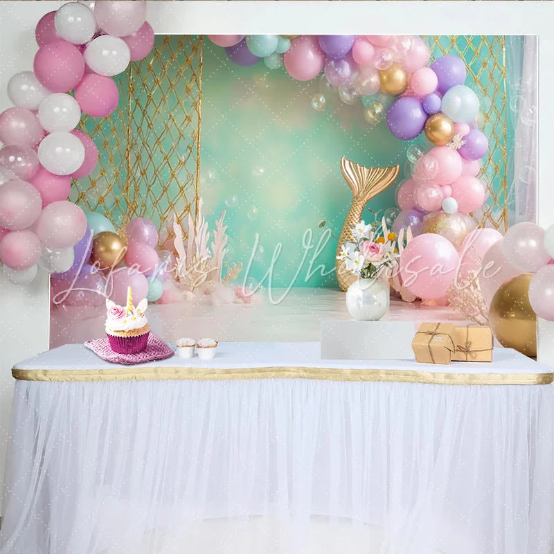 Lofaris Mermaid Birthday Backdrop with Pastel Balloons and Gold Tail Magical Underwater Party Decor for Girl Photoshoot
