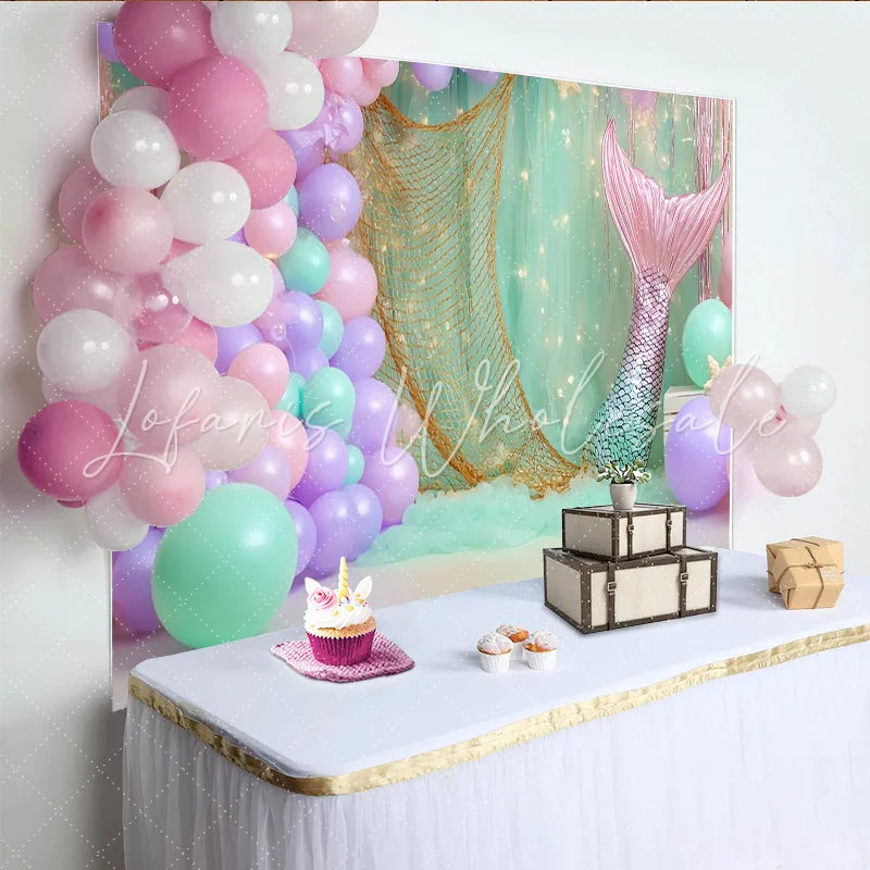 Lofaris Mermaid Birthday Backdrop with Pastel Balloons and Tail Magical Underwater Party Decor for Kids Photoshoot