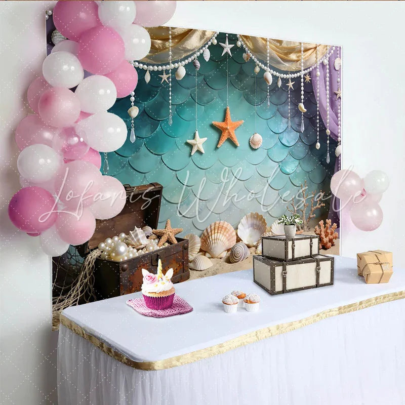Lofaris Mermaid Photography Backdrop with Teal Scales and Treasure Chest Ocean Theme Photo Background for Studio Photoshoot