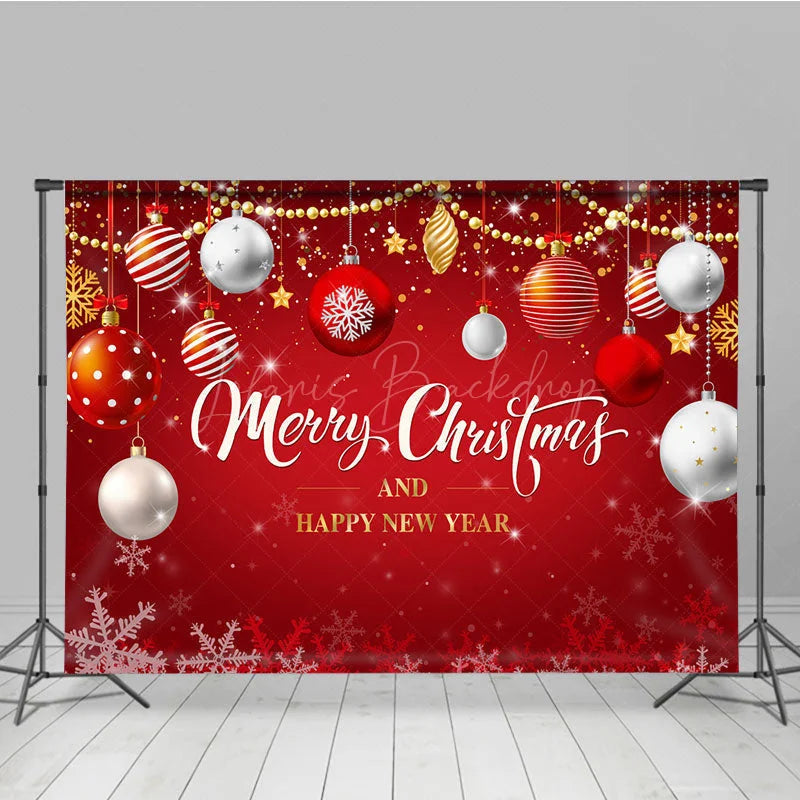 Lofaris Merry Christmas and Happy New Year Backdrop Red Gold Ornaments Winter Holiday Party Photo Booth Decor