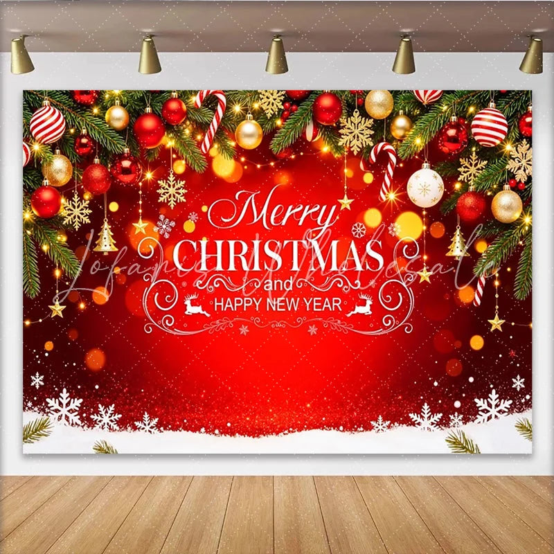 Lofaris Merry Christmas and Happy New Year Backdrop with Pine Branches Ornaments and Snowflakes Festive Holiday Background for Party Decor