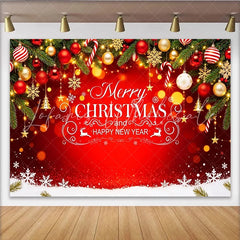 Lofaris Merry Christmas and Happy New Year Backdrop with Pine Branches Ornaments and Snowflakes Festive Holiday Background for Party Decor