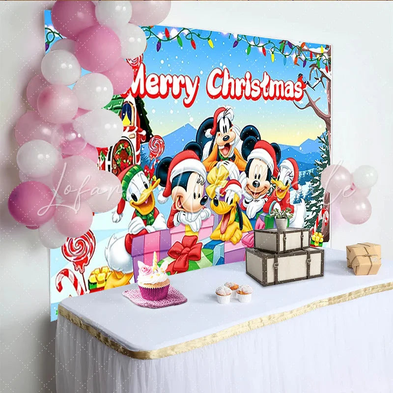 Lofaris Merry Christmas Backdrop with Mickey Mouse and Friends Disney Inspired Winter Snow Scene Holiday Party Decor