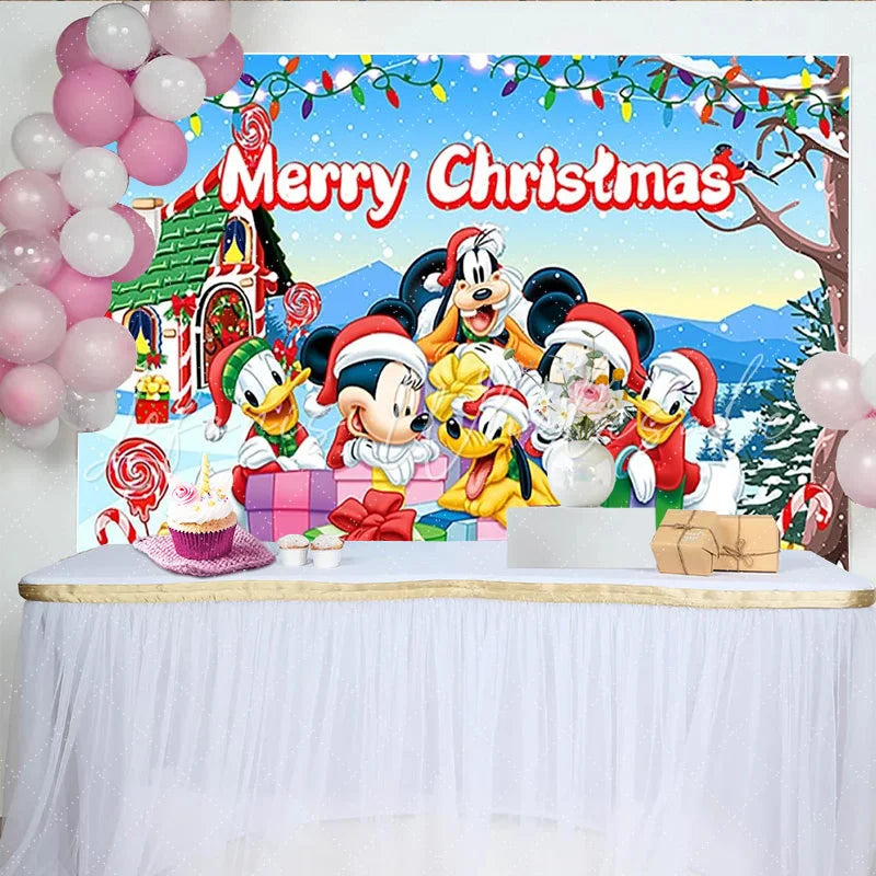 Lofaris Merry Christmas Backdrop with Mickey Mouse and Friends Disney Inspired Winter Snow Scene Holiday Party Decor