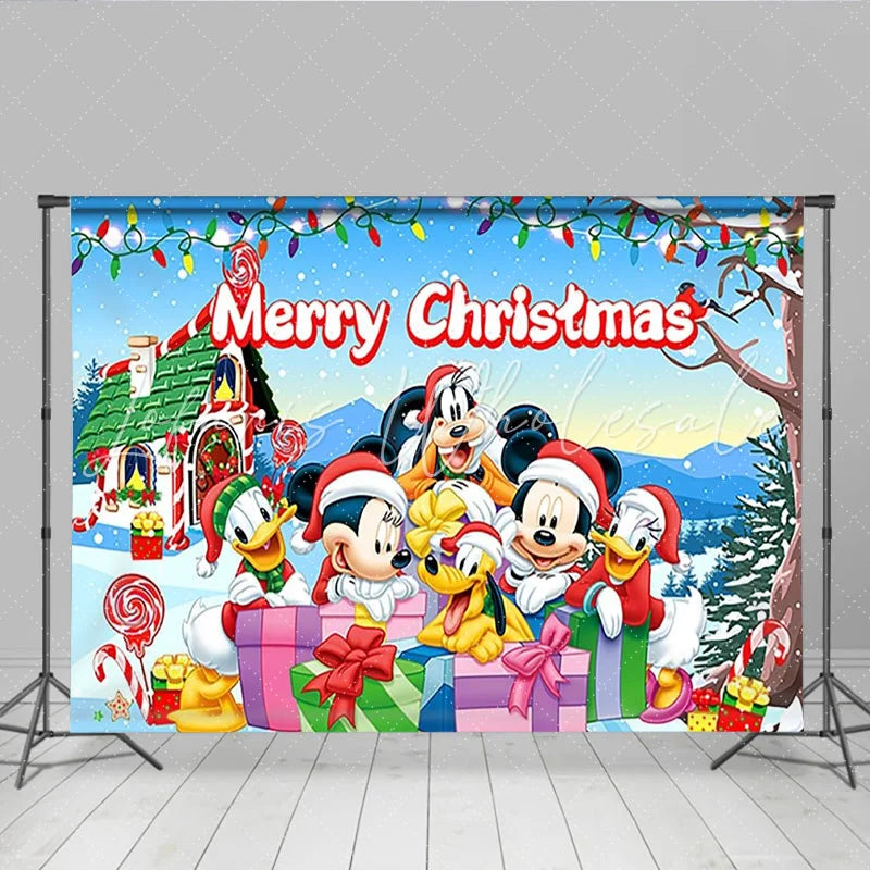 Lofaris Merry Christmas Backdrop with Mickey Mouse and Friends Disney Inspired Winter Snow Scene Holiday Party Decor