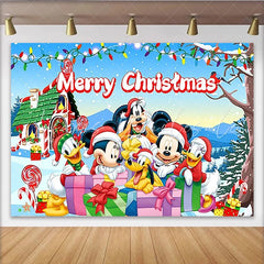 Lofaris Merry Christmas Backdrop with Mickey Mouse and Friends Disney Inspired Winter Snow Scene Holiday Party Decor