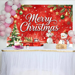 Lofaris Merry Christmas Backdrop with Red Truck Snowman and Festive Tree Sparkling Winter Holiday Background for Family Photoshoot