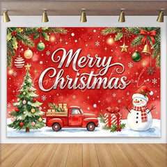 Lofaris Merry Christmas Backdrop with Red Truck Snowman and Festive Tree Sparkling Winter Holiday Background for Family Photoshoot