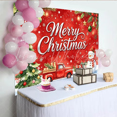 Lofaris Merry Christmas Backdrop with Red Truck Snowman and Festive Tree Sparkling Winter Holiday Background for Family Photoshoot