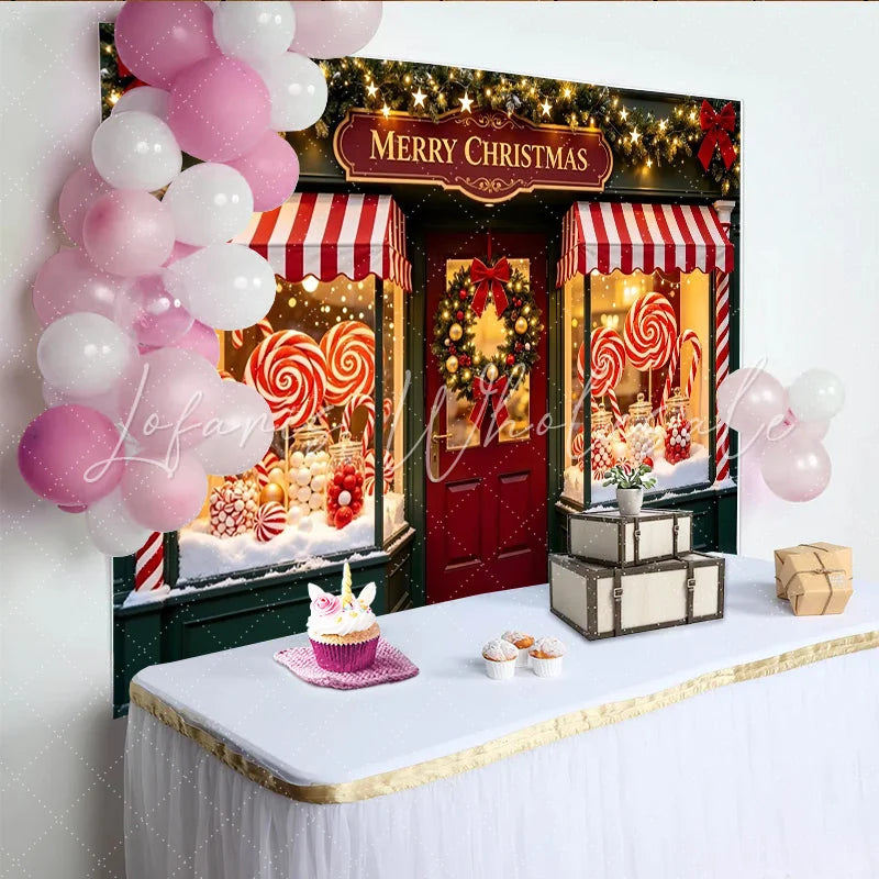 Lofaris Merry Christmas Candy Shop Photography Backdrop with Wreath and Garlands Festive Holiday Background for Party Decoration
