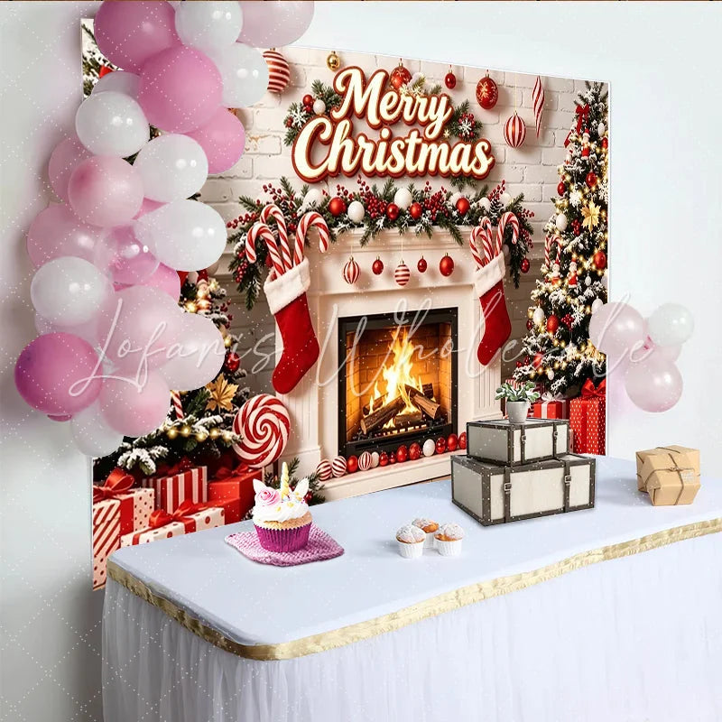 Lofaris Merry Christmas Festive Backdrop with Decorated Trees and Fireplace Red and White Holiday Decor for Winter Photoshoot and Party