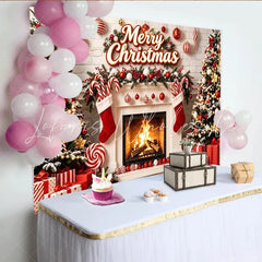 Lofaris Merry Christmas Festive Backdrop with Decorated Trees and Fireplace Red and White Holiday Decor for Winter Photoshoot and Party