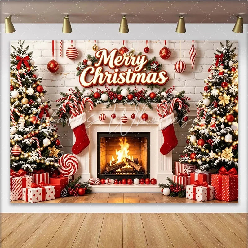 Lofaris Merry Christmas Festive Backdrop with Decorated Trees and Fireplace Red and White Holiday Decor for Winter Photoshoot and Party