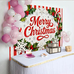 Lofaris Merry Christmas Holly and Berries Candy Cane Party Backdrop Red White Stripes Festive Holiday Decor
