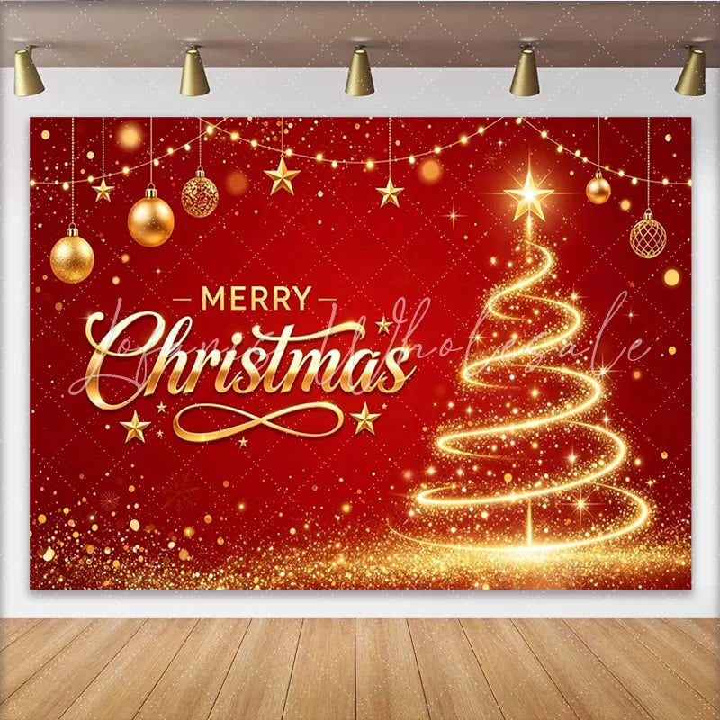 Lofaris Merry Christmas Red and Gold Glowing Tree Backdrop with Ornaments Sparkling Glitter Holiday Background for Festive Party Decor