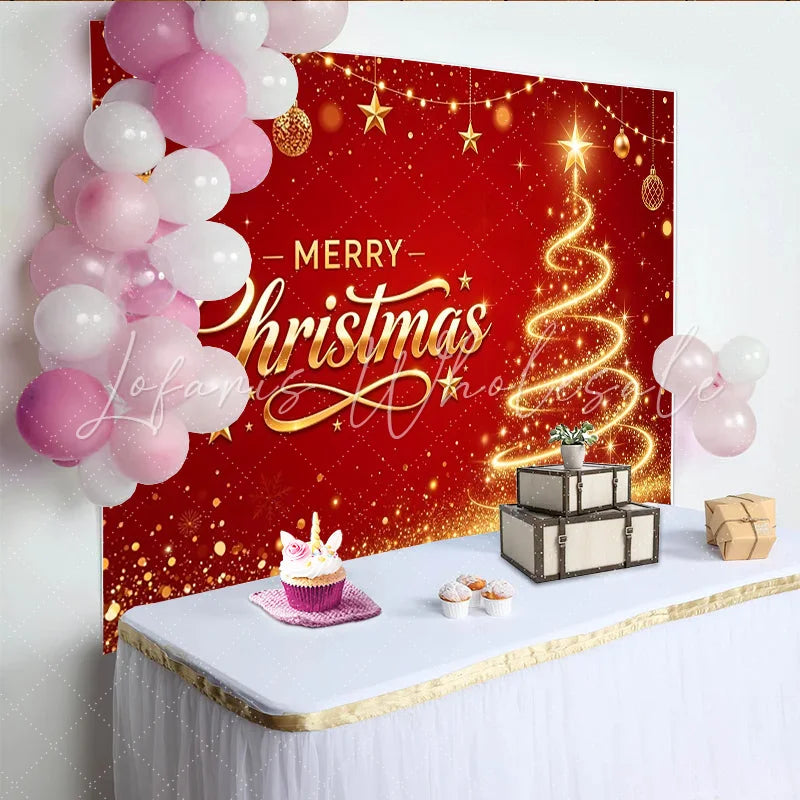 Lofaris Merry Christmas Red and Gold Glowing Tree Backdrop with Ornaments Sparkling Glitter Holiday Background for Festive Party Decor