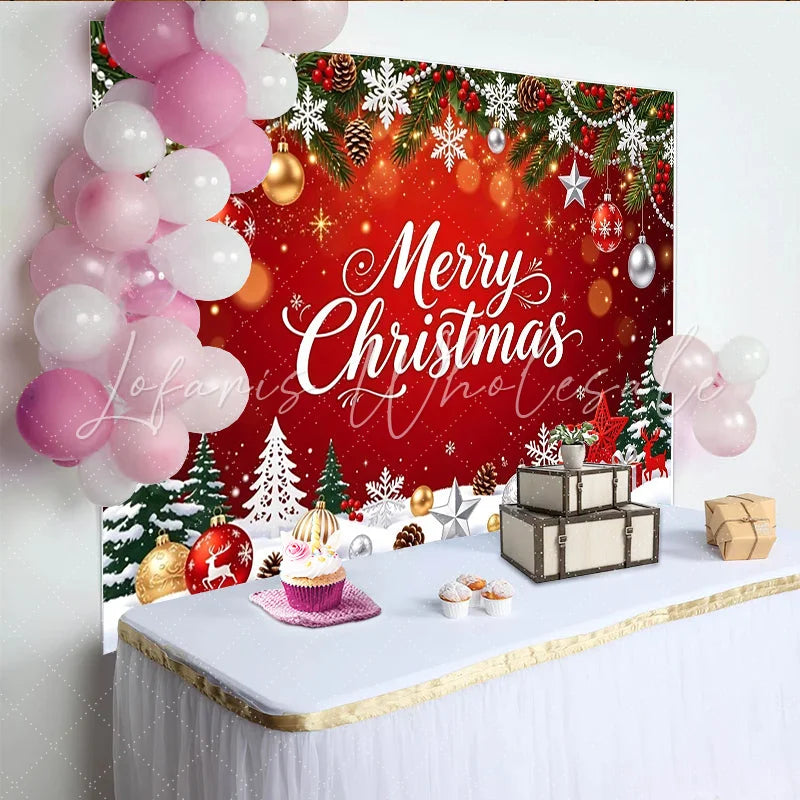 Lofaris Merry Christmas Red Holiday Backdrop with Snowflakes and Pine Trees Festive Winter Party Decor for Photoshoot