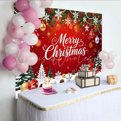 Lofaris Merry Christmas Red Holiday Backdrop with Snowflakes and Pine Trees Festive Winter Party Decor for Photoshoot