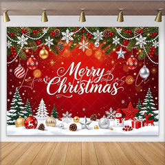Lofaris Merry Christmas Red Holiday Backdrop with Snowflakes and Pine Trees Festive Winter Party Decor for Photoshoot