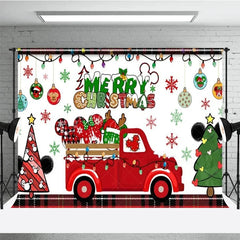 Lofaris Merry Christmas Red Truck Backdrop with Mouse Ears Plaid Accents and Lights Cartoon Holiday Party Decor