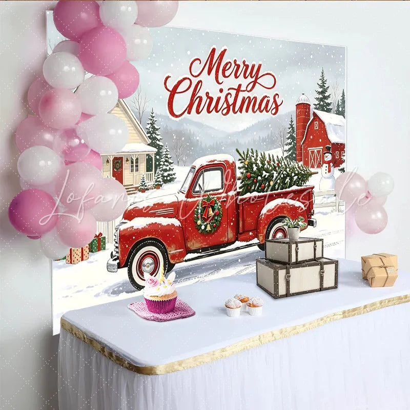 Lofaris Merry Christmas Red Truck Backdrop with Snowy Winter Village Festive Holiday Photography Background for Family Photoshoot