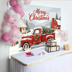 Lofaris Merry Christmas Red Truck Backdrop with Snowy Winter Village Festive Holiday Photography Background for Family Photoshoot