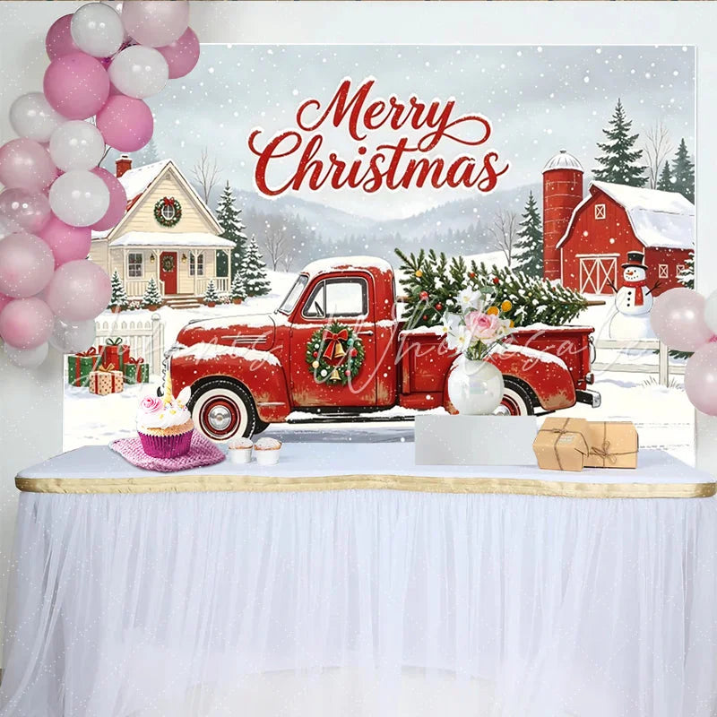 Lofaris Merry Christmas Red Truck Backdrop with Snowy Winter Village Festive Holiday Photography Background for Family Photoshoot
