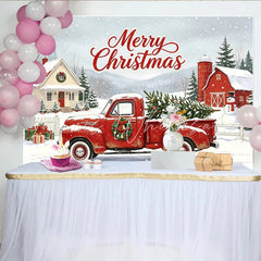 Lofaris Merry Christmas Red Truck Backdrop with Snowy Winter Village Festive Holiday Photography Background for Family Photoshoot
