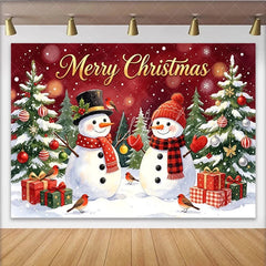 Lofaris Merry Christmas Snowman and Tree Holiday Backdrop with Festive Gifts and Falling Snow Winter Wonderland Photo Background for Party
