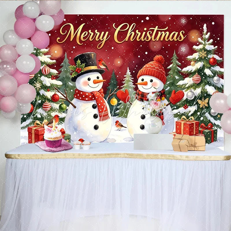 Lofaris Merry Christmas Snowman and Tree Holiday Backdrop with Festive Gifts and Falling Snow Winter Wonderland Photo Background for Party