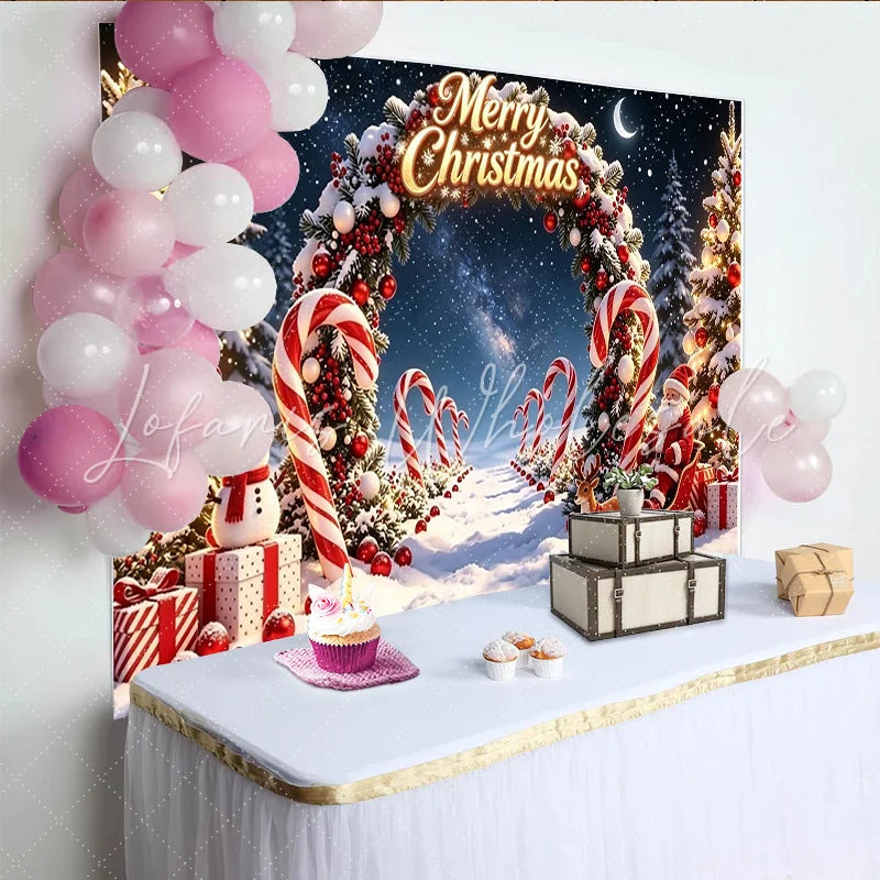 Lofaris Merry Christmas Snowy Night Backdrop with Santa Pine Trees and Candy Canes Festive Background for Winter Holiday Celebration