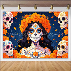 Lofaris Mexican Fiesta Day of the Dead Backdrop with Sugar Skull Woman Vibrant Marigold Flowers Background for Celebration Decor.