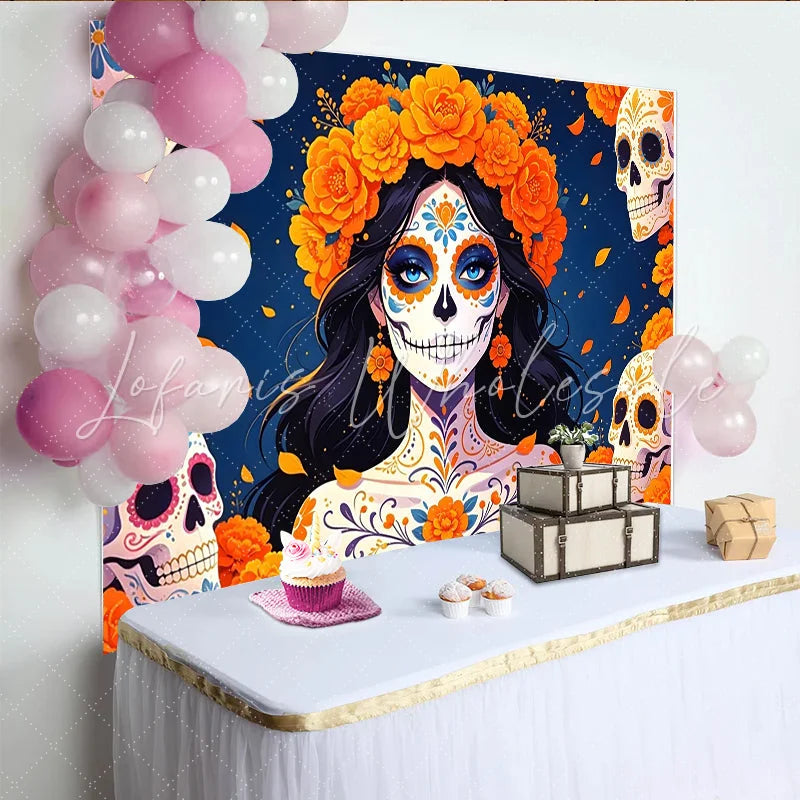 Lofaris Mexican Fiesta Day of the Dead Backdrop with Sugar Skull Woman Vibrant Marigold Flowers Background for Celebration Decor.