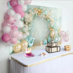 Lofaris Mint Green and Gold Mermaid Birthday Backdrop with Balloons Ocean Theme Photography Background for Girls Party Decoration