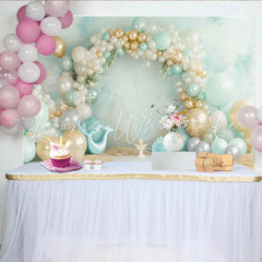 Lofaris Mint Green and Gold Mermaid Birthday Backdrop with Balloons Ocean Theme Photography Background for Girls Party Decoration