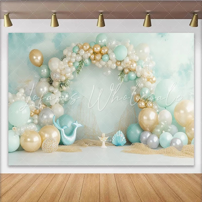 Lofaris Mint Green and Gold Mermaid Birthday Backdrop with Balloons Ocean Theme Photography Background for Girls Party Decoration