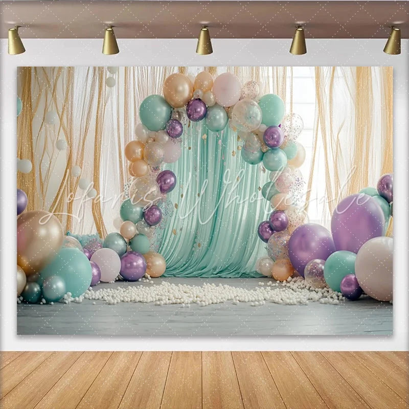Lofaris Mint Green and Purple Balloon Photography Backdrop Elegant Draped Fabric Wall Decor for Professional Studio Portrait